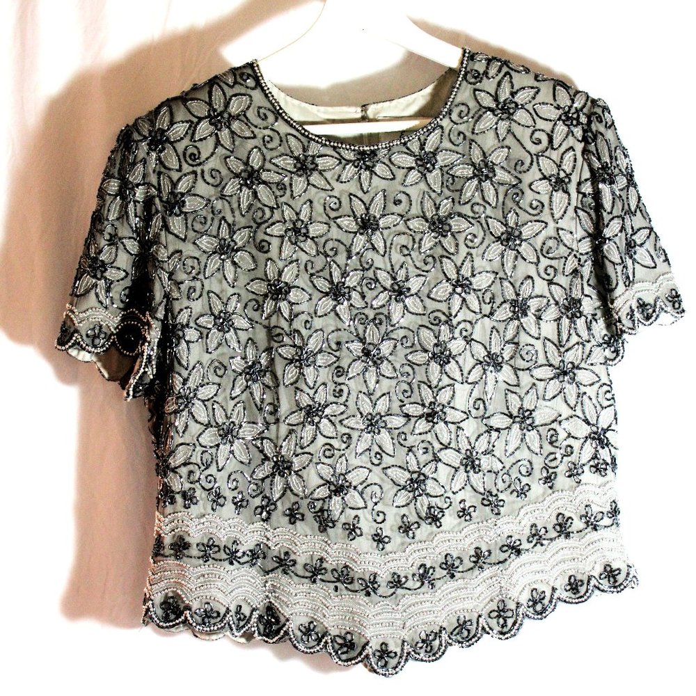 Vintage Papell Boutique Evening Blue Gray Silk Beaded Top XL
